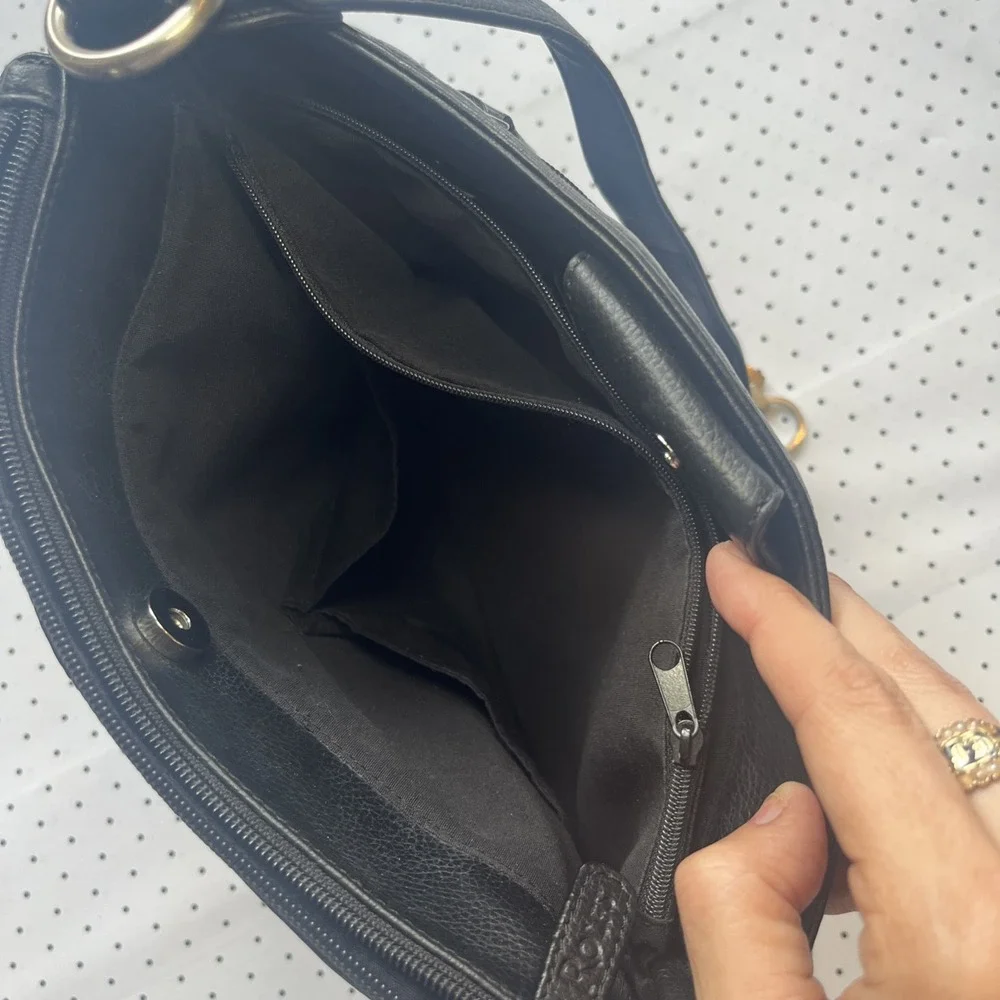 Rolfs Genuine Leather Black Shoulder Bag Purse Cowhide Hobo Organizer Zip Pocket